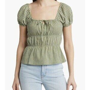 Madewell // Green Gingham Square Neck Omaha Top M